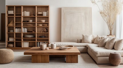 Fototapeta premium A stylish Japandi living room featuring a modular wooden bookcase