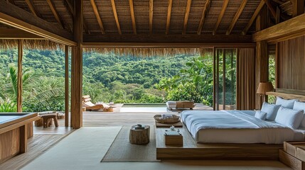 Obraz premium A serene bedroom with wooden decor and a view of lush greenery.