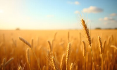 Golden Wheat Field in Sunlit Countryside Under Clear Blue Sky