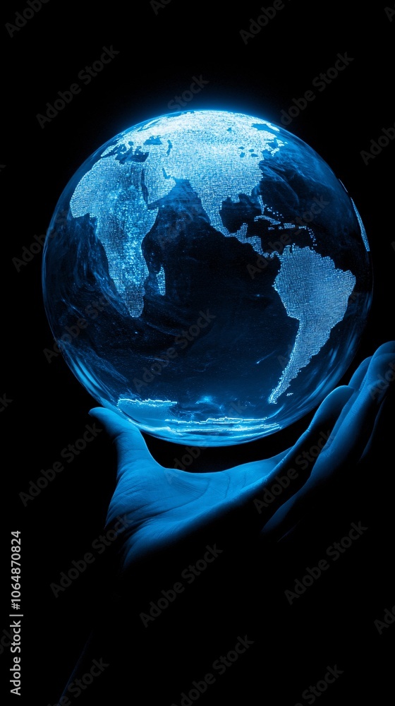 Poster Glass globe with world map held by a hand, with soft light illuminating the continents, symbolizing worldwide cooperation and economic connectivity with empty space for text