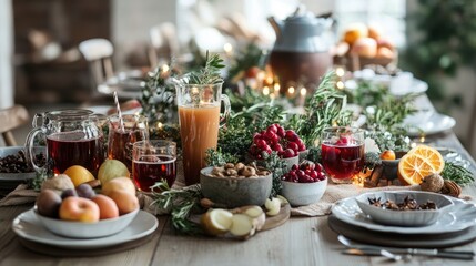 Naklejka premium A beautifully styled table featuring a variety of hot seasonal drinks, like cider and mulled wine, perfect for gatherings.