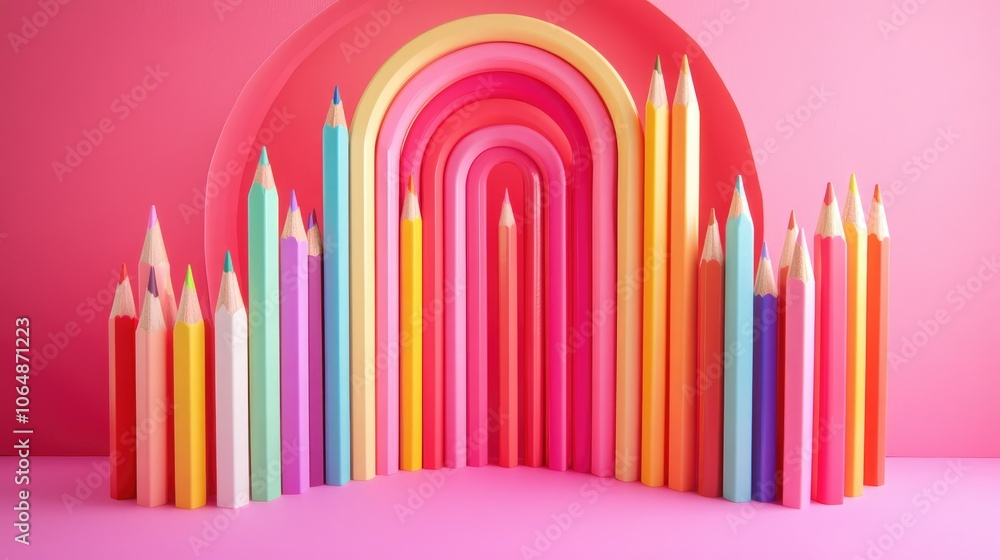 Poster a cheerful display of pencils in various colors arranged in a semi-circle, set against a pink backdr