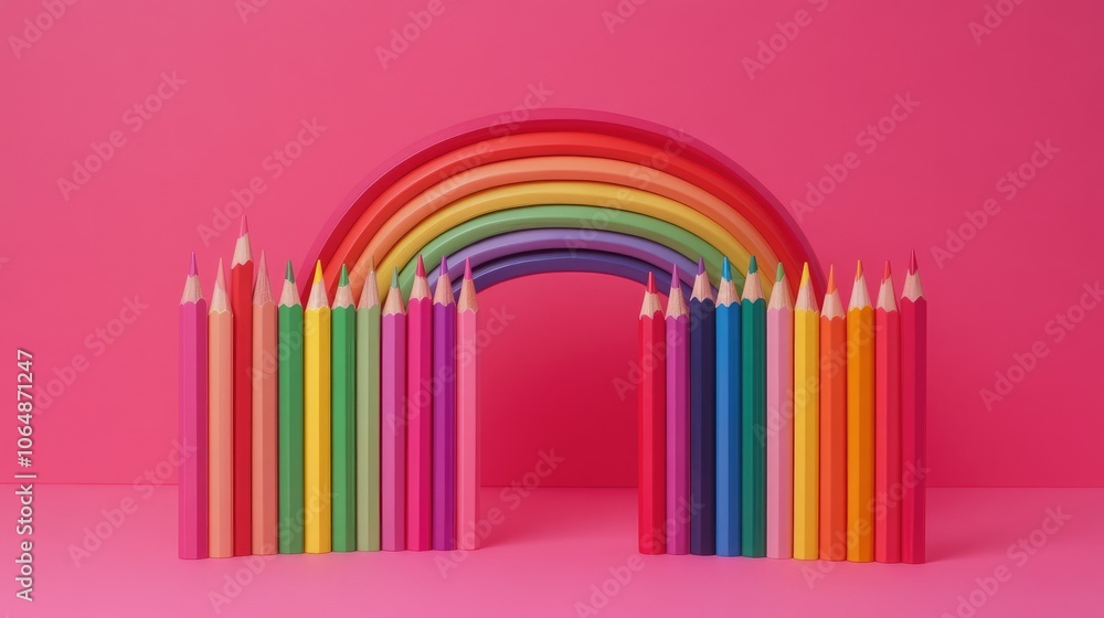 Poster a cheerful display of pencils in various colors arranged in a semi-circle, set against a pink backdr