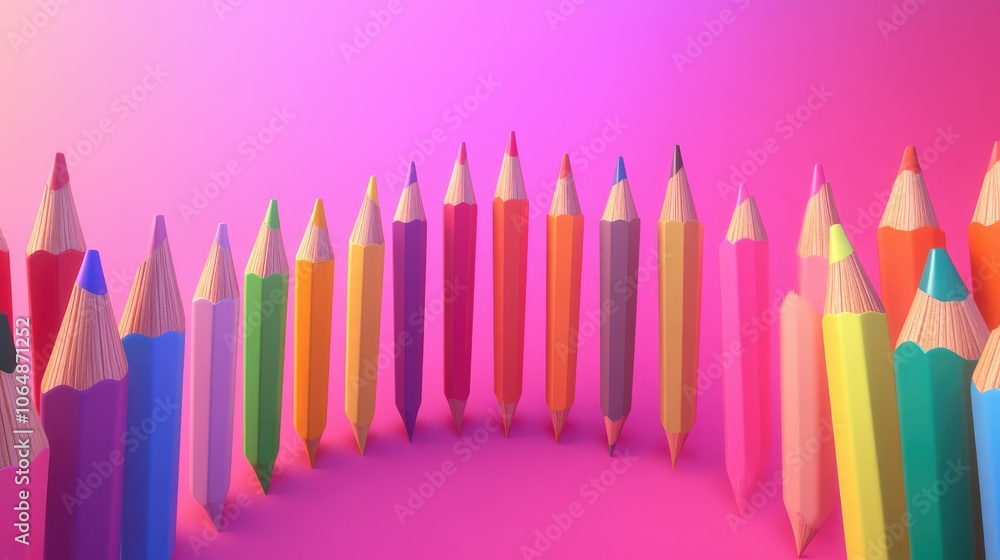 Poster a cheerful display of pencils in various colors arranged in a semi-circle, set against a pink backdr