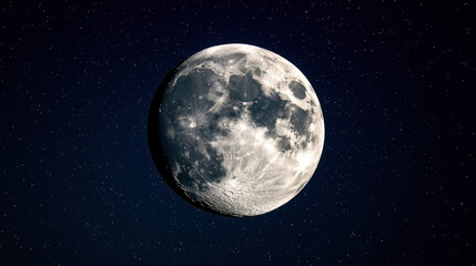 Fototapeta premium Detailed view of a full moon against a dark night sky filled with numerous small, distant stars.