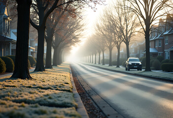 A foggy street with trees and a car in the soft morning light