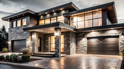 Fototapeta premium Modern house with stone exterior and a garage door illuminated by warm lights at night.