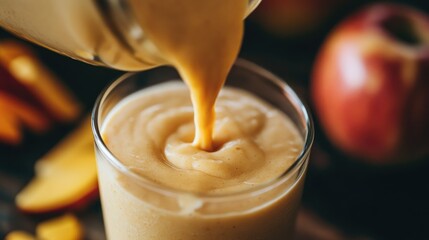 A close-up of a creamy smoothie being poured into a glass, showcasing the rich fall flavors of apple and pumpkin.