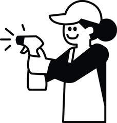 A woman is holding a spray bottle and wearing a cap