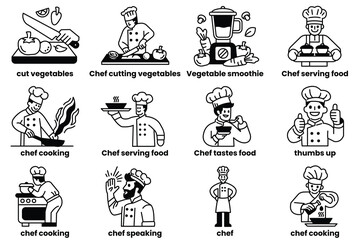 Obraz premium Set of icons in the concept of chefs in various poses in line drawing style
