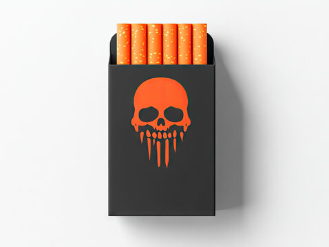 A mockup of a cigarette pack with a skull logo on it