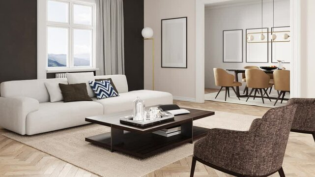 3d Render of modern livingroom with classical white walls. Wood floor. White sofa and dark armchairs. Wood low table and carpet. Golden floor lamp and window with natural light.