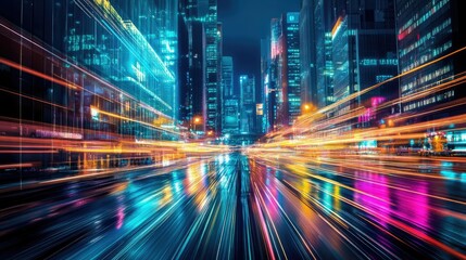 Fototapeta premium A creative representation of a drive through a glowing futuristic city, with colorful lights reflecting off sleek surfaces and innovative buildings.