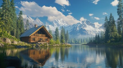 Fototapeta premium A cozy wooden cabin reflecting in a calm lake, set against a backdrop of majestic mountains and lush forests, inviting visitors to unwind.