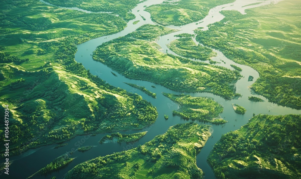 Poster a winding river delta, with multiple channels flowing through a lush, green landscape, creating intr