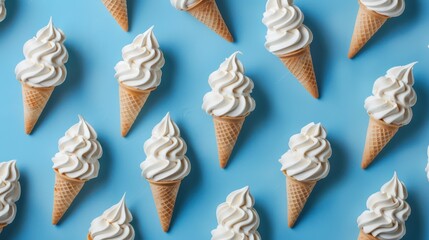 Obraz premium Repeating pattern of vanilla soft serve ice cream cones on a vibrant blue background. The cones are arranged in a flat lay composition, creating a playful, symmetrical design