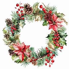 Fototapeta premium Festive watercolor Christmas wreath adorned with red poinsettias, pinecones, holly leaves, and red berries. The hand-painted design is set against a white background, perfect for holiday decor