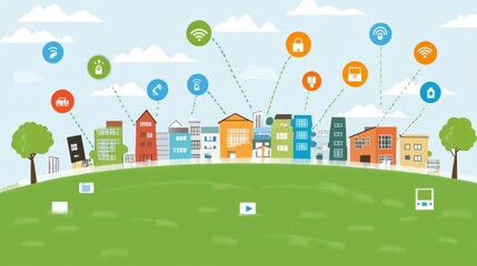 City interconnection, Internet connection over city, Internet icon over city