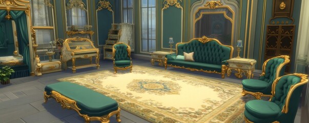 Elegant interior featuring ornate furniture and decor in a luxurious setting.