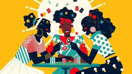 A trio of women, each with unique patterns, happily engaged in a colorful card game, laughing together with each hand.