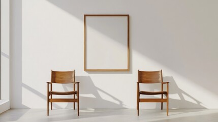 A minimalist interior featuring two wooden chairs and an empty frame on a bright wall.