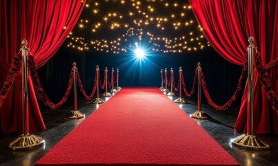 Celebrity and exclusivity conveyed through red carpet with velvet curtains and flashing lights