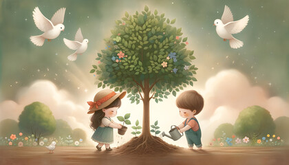 Children planting a tree with doves in a peaceful illustration for World Peace Day