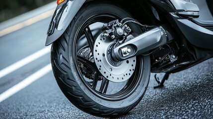 Obraz premium The scooter's rear wheel features both a disc brake and a foot brake, providing enhanced stopping power and control. 