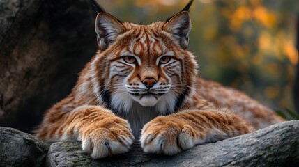 Obraz premium Majestic Lynx Resting on Autumn Rocks in the Wild Forest