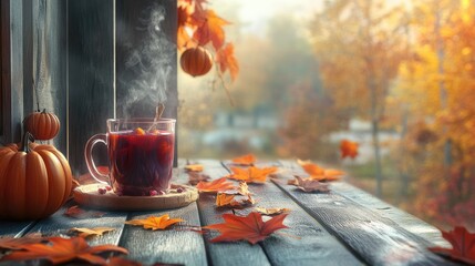 A scenic view of a steaming mug of mulled wine on a wooden porch, with colorful autumn leaves and pumpkins decorating the scene.