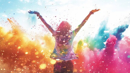 Back view of a person celebrating spattered with vibrant powders, arms stretched in joy.