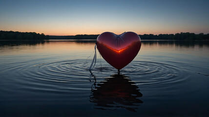 Fototapeta premium Surreal scene of a heart-shaped balloon tied to an anvil sinking in a deep lake during sunset