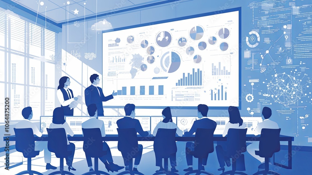 Poster professional setting with colleagues analyzing charts, graphs, and data in a modern conference room.