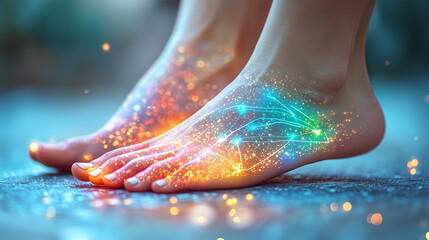 Feet with energy lines flowing through reflexology zones illustrated in vibrant colors