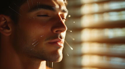 Man receiving acupuncture treatment in serene ambiance with soft light and shadows