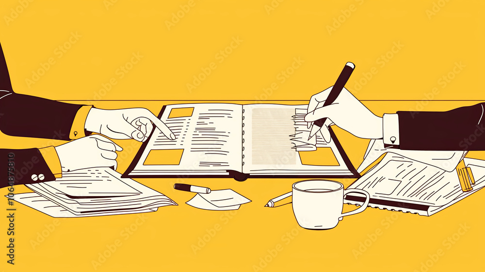 Poster Two individuals engage in a collaborative discussion with documents and notes at a sunlit table with warm tones.