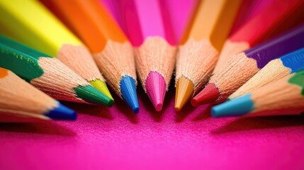 Fototapeta premium A vibrant arrangement of colorful pencils in a semi-circle on a pink background, inspiring creativity and artistic expression.