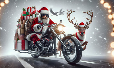 Nikolaus , Weihnachtsmann mit Rentier Geschenken auf einem schnellen Motorrad