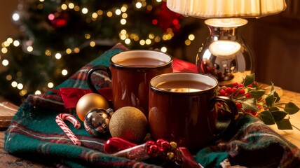 Cozy Christmas Scene with Hot Drinks and Ornaments