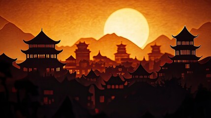 Fototapeta premium Silhouette of Xian, with traditional architecture and mountains in the background in a paper-cut style, with a dark orange moonlight shining behind it, with generative ai
