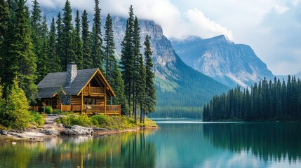 Fototapeta premium A warm wooden cabin located by a calm lake, surrounded by lush forests and towering mountains, inviting serenity and adventure in nature.