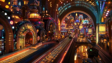 Obraz premium An artistic representation of a night drive through a lively futuristic city, featuring illuminated streets and stunning cityscapes.