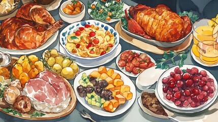 Holiday meals offering a mix of savory and sweet options to satisfy every palate. Illustrations