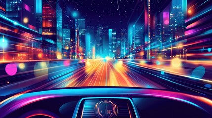 Fototapeta premium An imaginative depiction of a nighttime drive through a futuristic city, filled with colorful lights and sleek, modern designs.