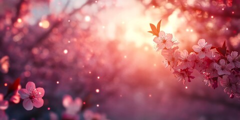 Delicate cherry blossoms bloom softly in the warm light of morning. A stunning display of pink hues creates a magical atmosphere. Perfect for nature lovers and spring celebrations. AI