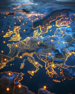 European union flag overlaying europe map with binary technology and cybersecurity background