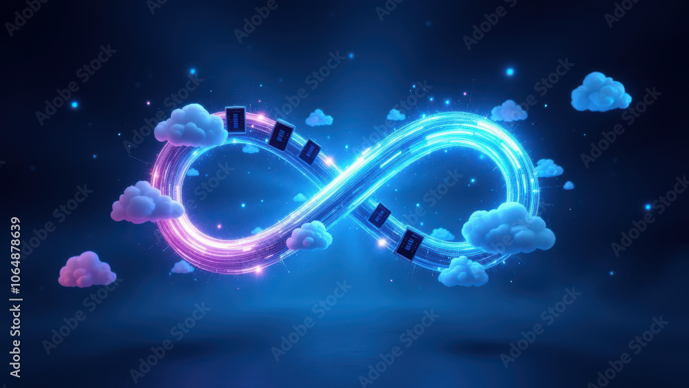 Poster digital art of infinity loop with colorful clouds and a magical energy aura.