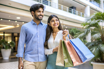 Happy Indian couple are shopping in shopping mall. People holiday sale shopping concept