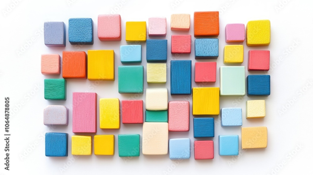 Poster Brightly colored toy blocks neatly arranged in a pattern on a white backdrop, emphasizing the joy of building and creativity for kids.