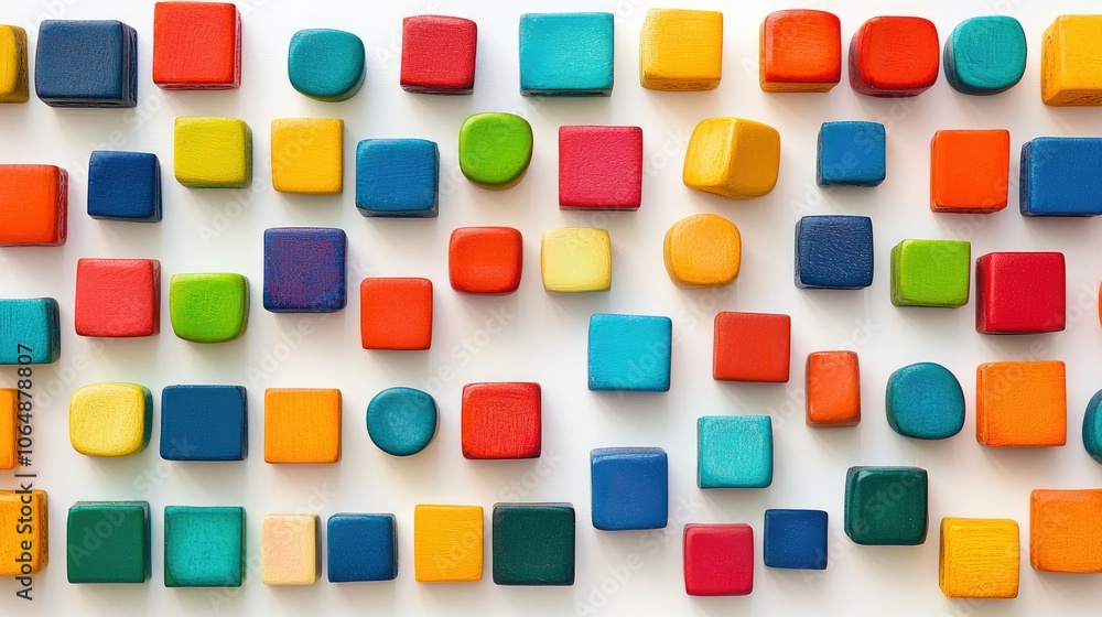Poster Brightly colored toy blocks neatly arranged in a pattern on a white backdrop, emphasizing the joy of building and creativity for kids.